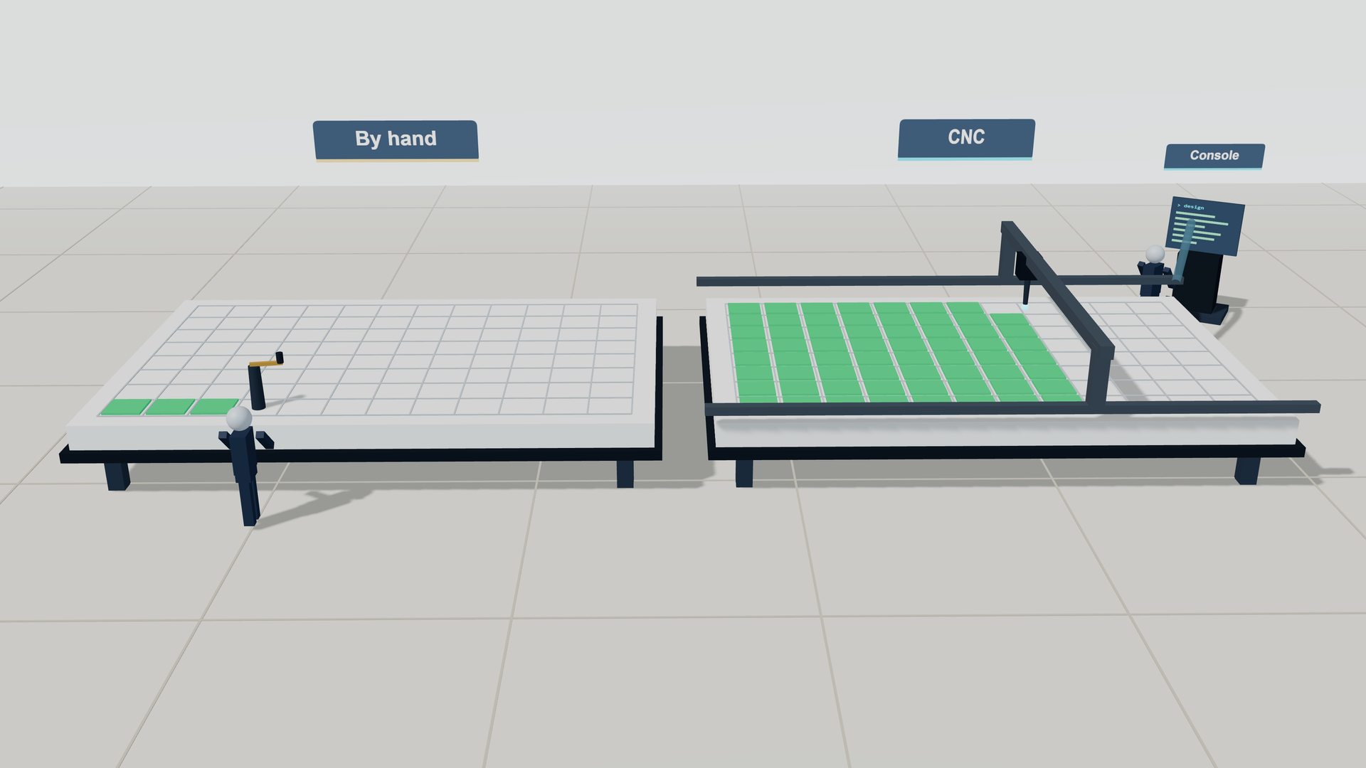 Two worksheet beds on a factory floor: one worked by hand cell by cell, the other shaped by a CNC gantry from a design handed to it
