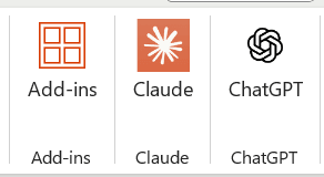 The Excel ribbon showing the Add-ins, Claude, and ChatGPT add-in buttons
